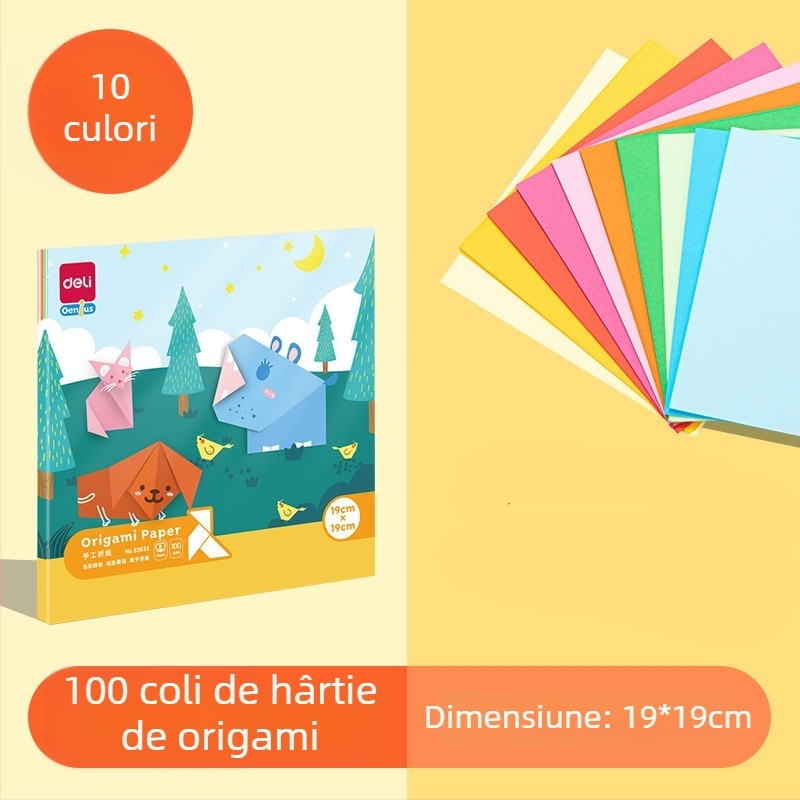 Hârtie origami — Foi multicolore lucrate manual, Brand Deli, Model 83633, Material: Hârtie, Tip: etichetă pentru scriere, Etichete pe pagină: 100