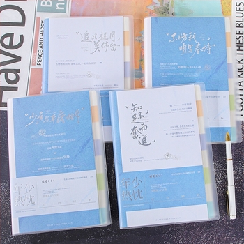 Caiet cu etichete și pagini de clasificare, copertă din hârtie, legare cu adeziv și ață, hârtie interioară dublu acoperită, 100–200 de pagini, stil business office minimalist