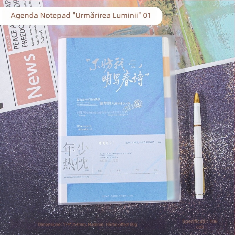Caiet cu etichete și pagini de clasificare, copertă din hârtie, legare cu adeziv și ață, hârtie interioară dublu acoperită, 100–200 de pagini, stil business office minimalist