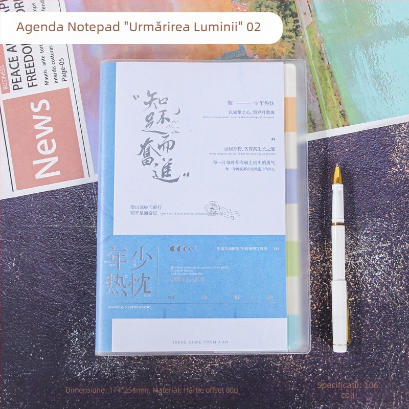 Caiet cu etichete și pagini de clasificare, copertă din hârtie, legare cu adeziv și ață, hârtie interioară dublu acoperită, 100–200 de pagini, stil business office minimalist