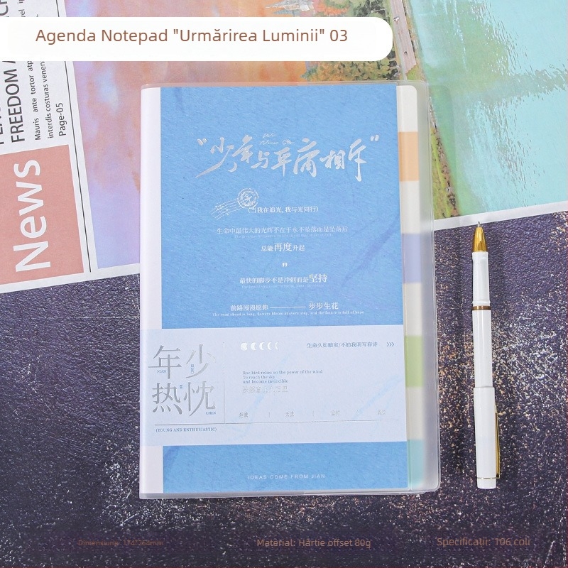 Caiet cu etichete și pagini de clasificare, copertă din hârtie, legare cu adeziv și ață, hârtie interioară dublu acoperită, 100–200 de pagini, stil business office minimalist