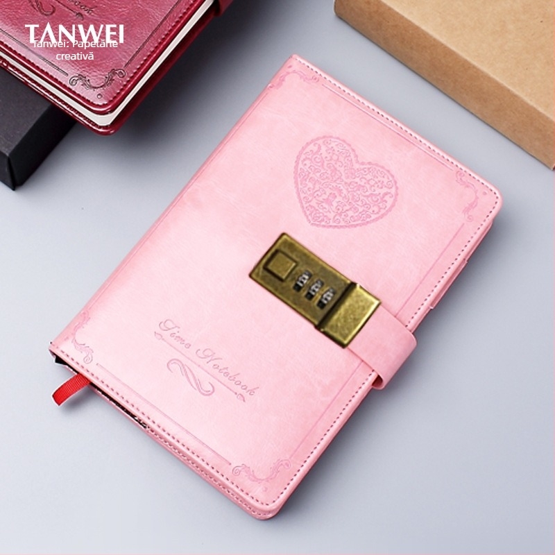 Jurnal cu lacăt de parolă - TANWEI, copertă din piele artificială, legare cu sârmă, Forest hârtie, 120 foi