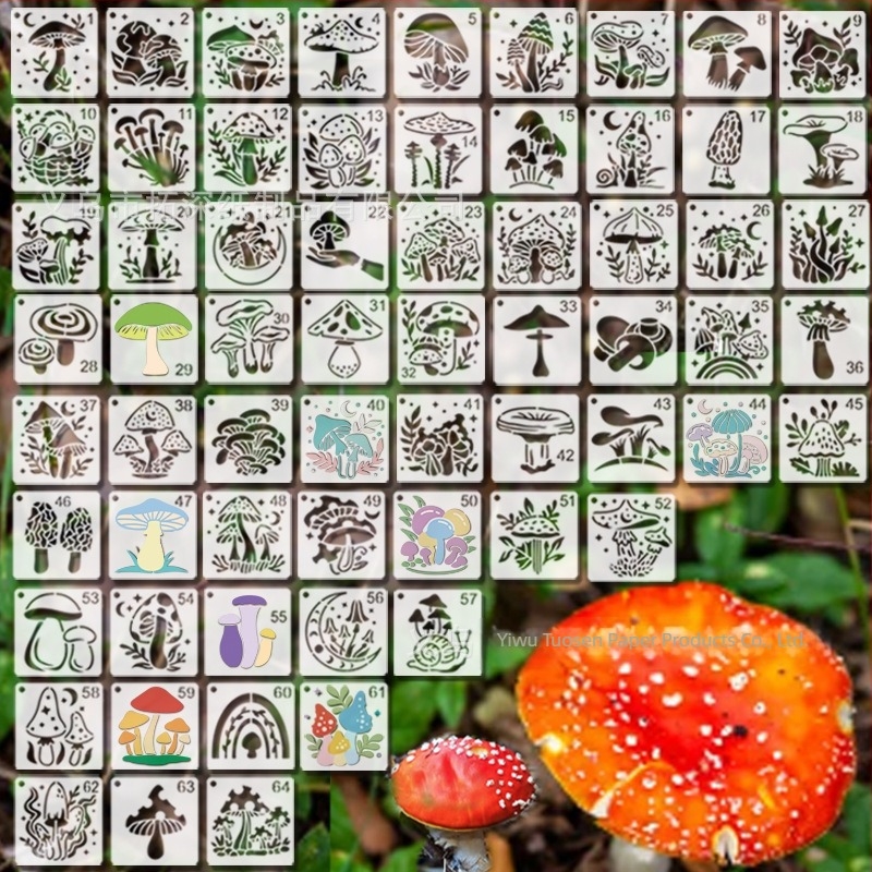 64 de șabloane decupate cu ciuperci forestiere, PET material, pentru pictură pentru copii