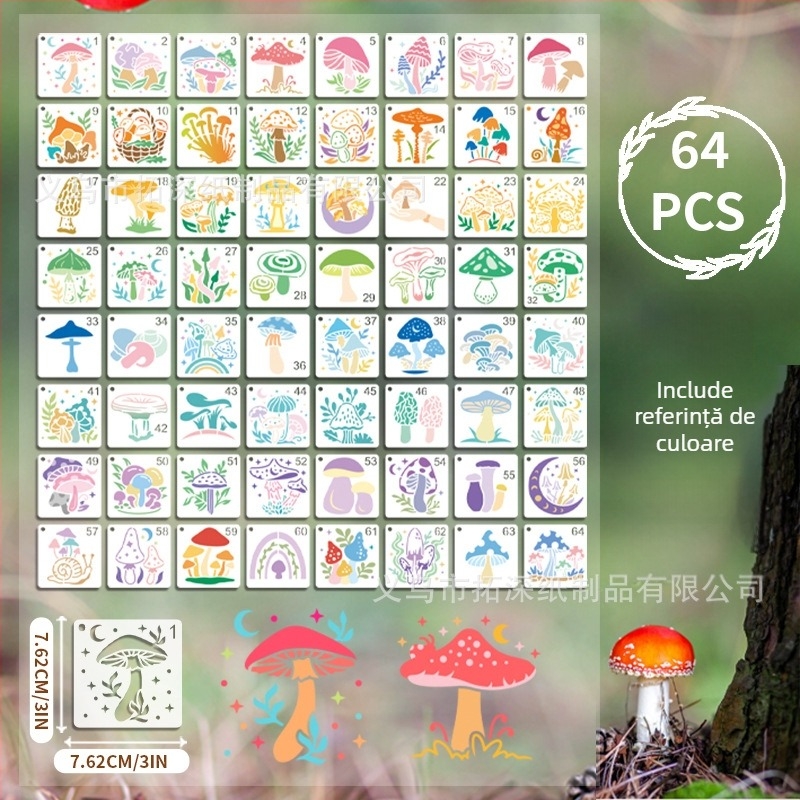 64 de șabloane decupate cu ciuperci forestiere, PET material, pentru pictură pentru copii