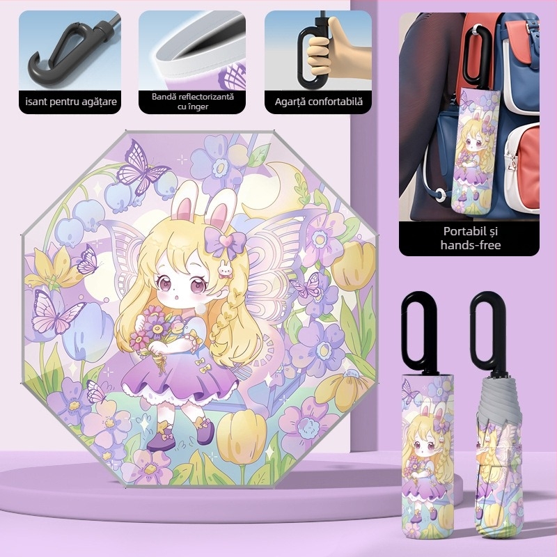 Umbrelă pentru copii, deschidere automată, cadru cu 8 spițe, UPF50+ protecție solară și ploaie, imprimare logo