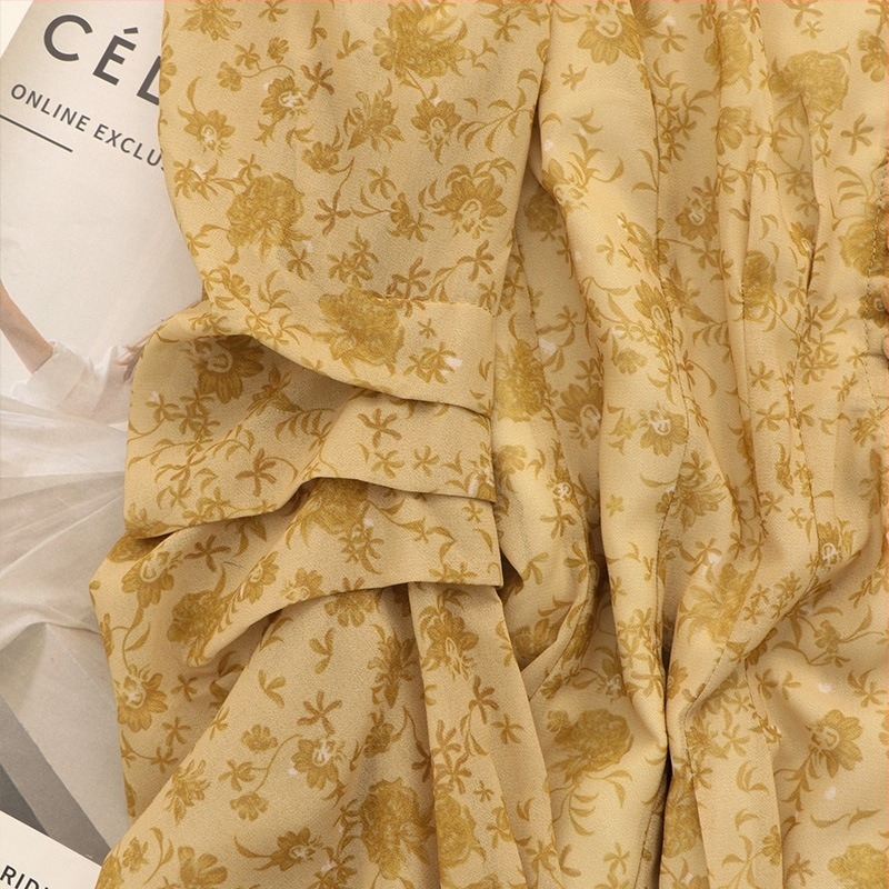 Rochie maxi din chiffon — imprimeu floral rupt, decolteu în V, mâneci lungi, fermoar