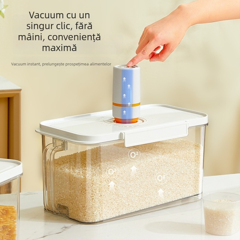 Cutie depozitare orez cu închidere vacuum la un singur buton, etanșă la umiditate și insecte, capacitate 4–5 L