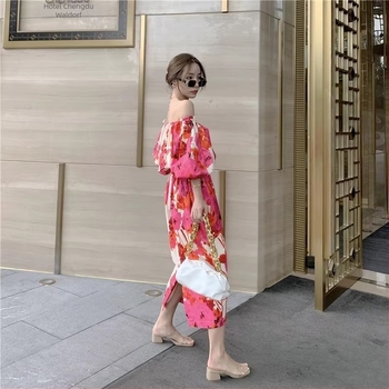 Rochie de plajă pentru vacanță, decolteu pe un umăr, mâneci bufante, imprimeu abstract tie-dye, poliester, lungă, croială A-line