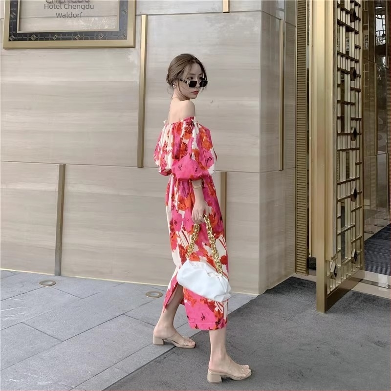 Rochie de plajă pentru vacanță, decolteu pe un umăr, mâneci bufante, imprimeu abstract tie-dye, poliester, lungă, croială A-line