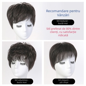 Perucă pentru tâmpla cu textură de păr real, păr scurt drept, model 0016, pentru femei, crește volumul și acoperă firele albe, poate fi vopsită