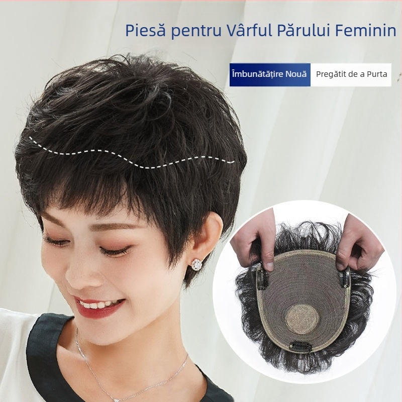 Perucă pentru tâmpla cu textură de păr real, păr scurt drept, model 0016, pentru femei, crește volumul și acoperă firele albe, poate fi vopsită
