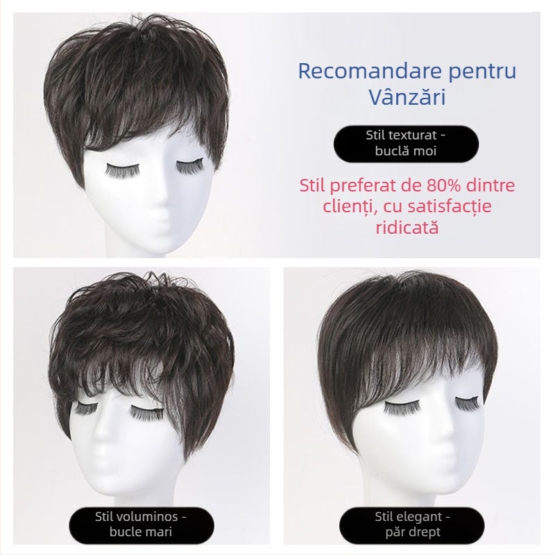 Perucă pentru tâmpla cu textură de păr real, păr scurt drept, model 0016, pentru femei, crește volumul și acoperă firele albe, poate fi vopsită