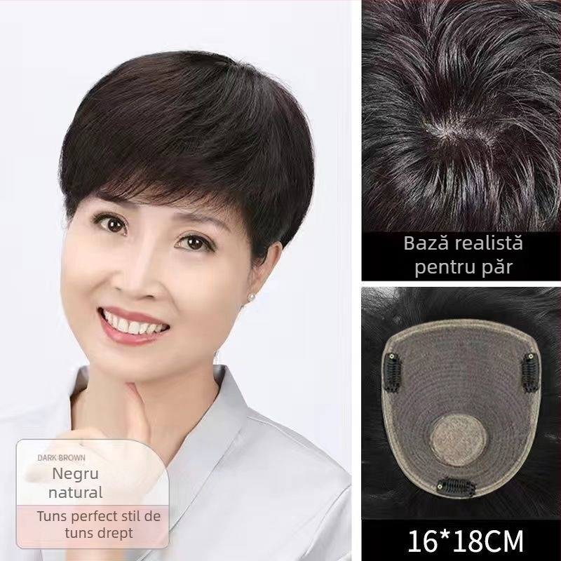 Perucă pentru tâmpla cu textură de păr real, păr scurt drept, model 0016, pentru femei, crește volumul și acoperă firele albe, poate fi vopsită