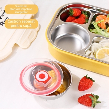 Cutie de prânz din oțel inoxidabil 304, izolată, sigură pentru microunde, design dreptunghiular cu două straturi, capacitate 1–2 L, model panda pentru elevi