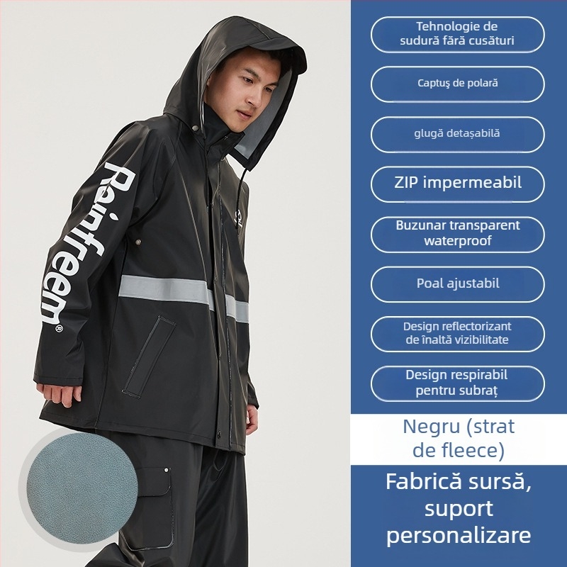 Set impermeabil pentru rideri: palton de ploaie split și pantaloni, țesătură tricotată groasă, strat impermeabil PVC, adult unisex