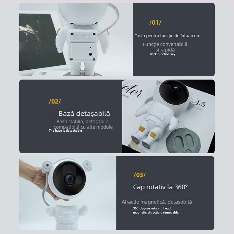 Proiector astronaut cer înstelat — Proiecție Nebuloasă, Cer Întreg Înstelat, LED Ambient Nopți Multifuncțional (Jiakasi MXS-006A, Port USB, Alimentare la priză, Abajur acrilic)