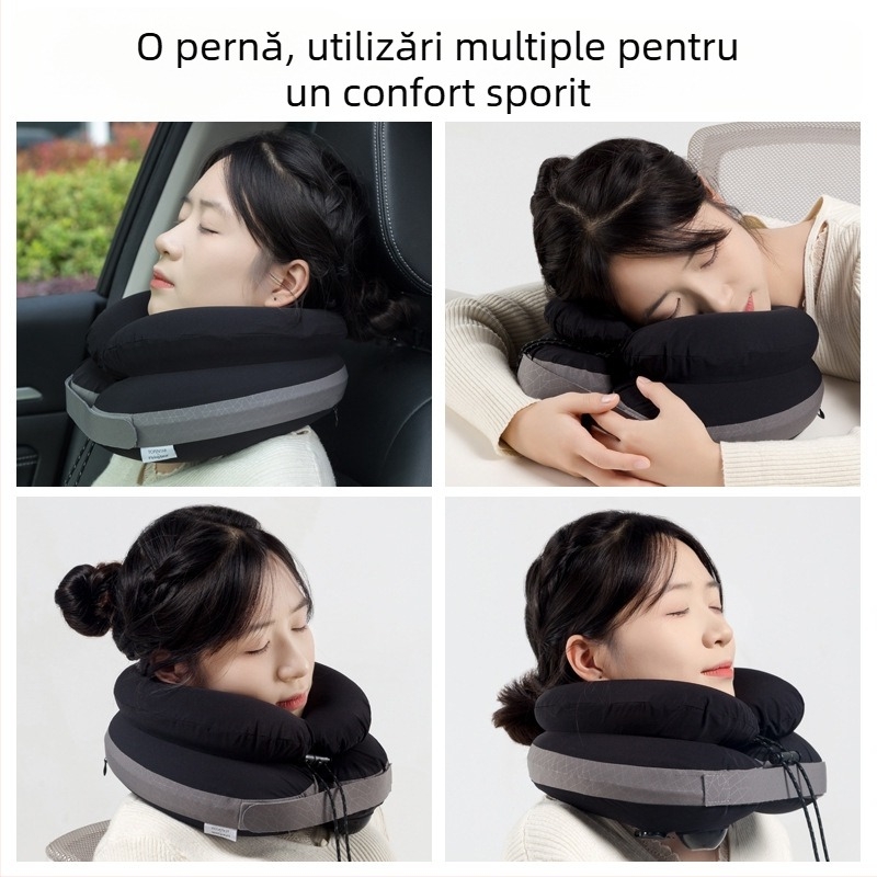 Perneu portabil de gât, cu susținere înălțată, pernă de călătorie pentru zboruri lungi, pernă de gât auto-umflabilă prin apăsare