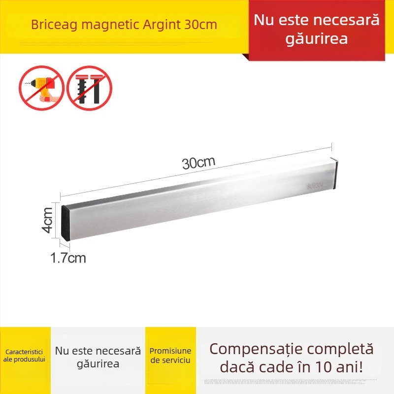 Suport magnetic pentru cuțite pe perete din oțel inoxidabil 304, fără găuri, un singur nivel, design modern minimalist, încărcare 7,5 kg