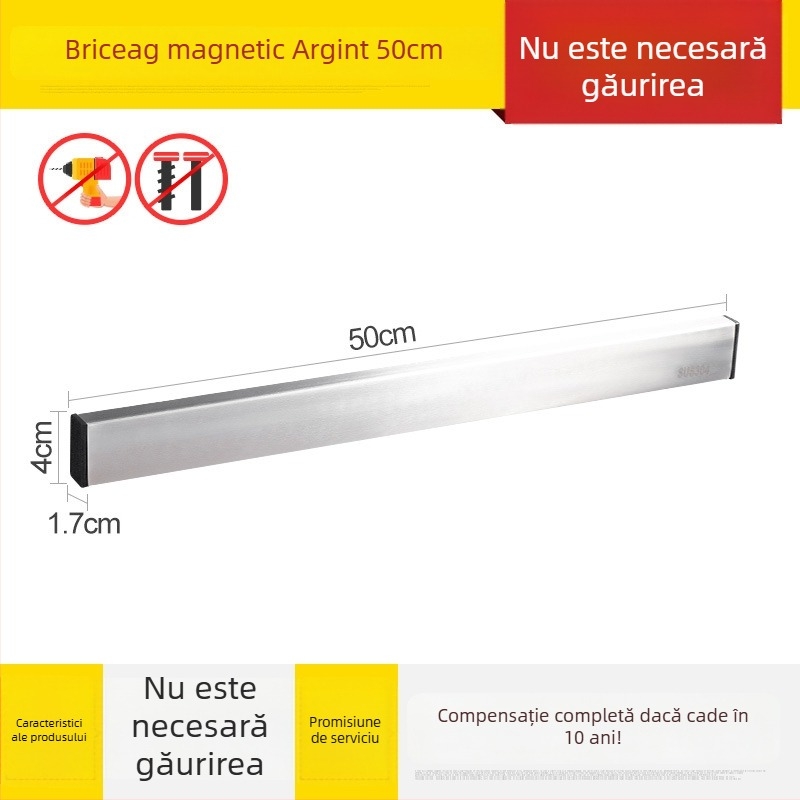 Suport magnetic pentru cuțite pe perete din oțel inoxidabil 304, fără găuri, un singur nivel, design modern minimalist, încărcare 7,5 kg