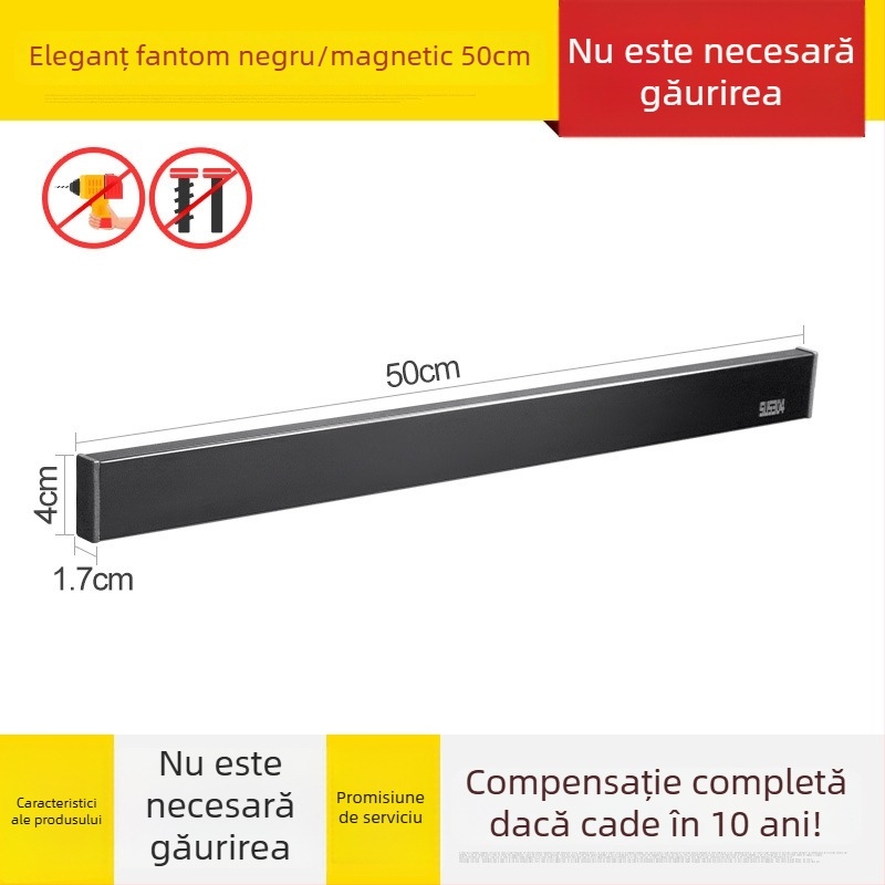 Suport magnetic pentru cuțite pe perete din oțel inoxidabil 304, fără găuri, un singur nivel, design modern minimalist, încărcare 7,5 kg