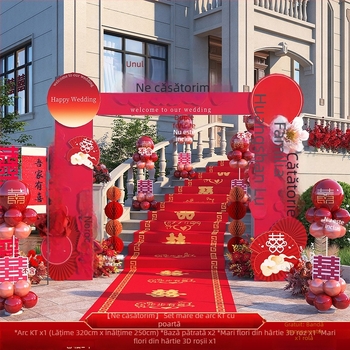 Arc de nuntă pentru intrare cu tablă de bun-venit și decor cu flori de mătase, pentru ceremonie în aer liber