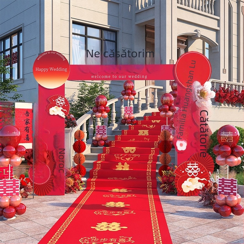 Arc de nuntă pentru intrare cu tablă de bun-venit și decor cu flori de mătase, pentru ceremonie în aer liber