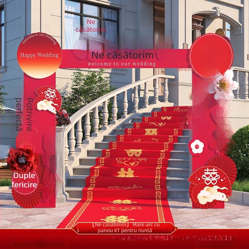 Arc de nuntă pentru intrare cu tablă de bun-venit și decor cu flori de mătase, pentru ceremonie în aer liber