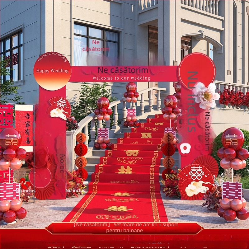 Arc de nuntă pentru intrare cu tablă de bun-venit și decor cu flori de mătase, pentru ceremonie în aer liber