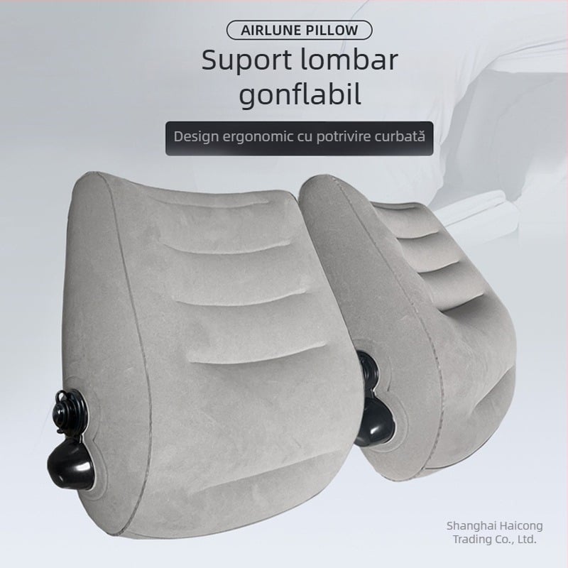 Perna lombară gonflabilă de tip apăsare, pernă de călătorie portabilă cu husă PVC flocking și umplutură PVC, pentru avion și tren de mare viteză