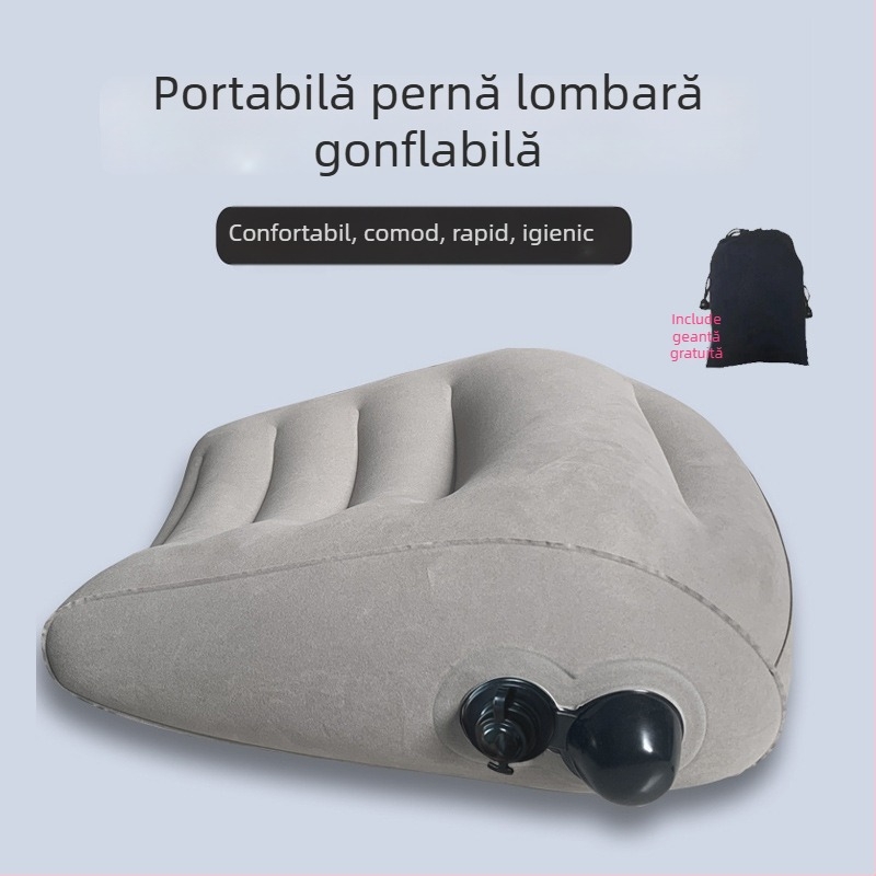 Perna lombară gonflabilă de tip apăsare, pernă de călătorie portabilă cu husă PVC flocking și umplutură PVC, pentru avion și tren de mare viteză
