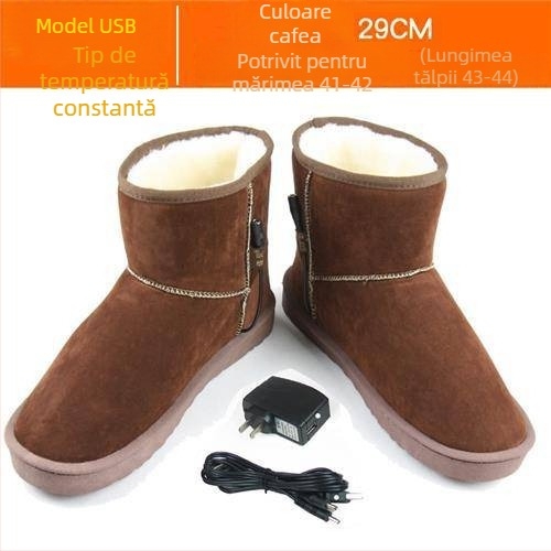 Papuci de casă încălziți USB pentru bărbați, reîncărcabili, detașabili și lavabili, piele naturală