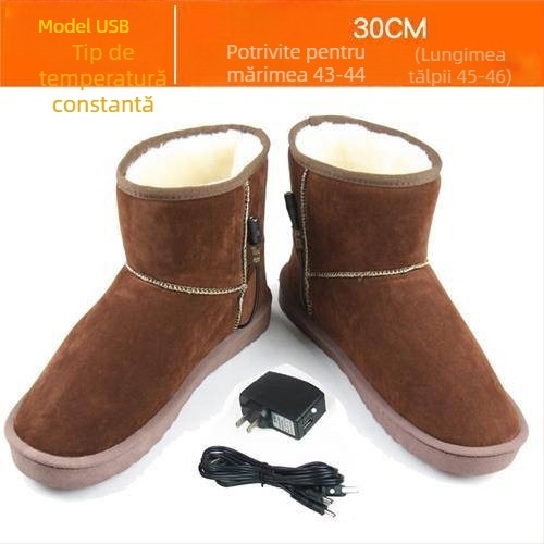 Papuci de casă încălziți USB pentru bărbați, reîncărcabili, detașabili și lavabili, piele naturală