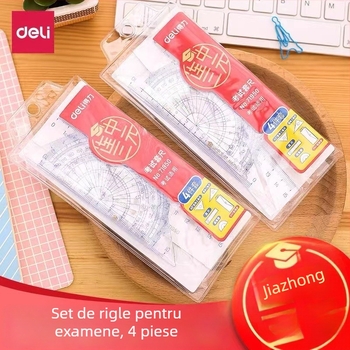 Deli 71950 Set de desenare – 4 piese: riglă, triunghi dreptunghiular, goniometru, plastic – 24 seturi în cutie, greutate netă 55 g