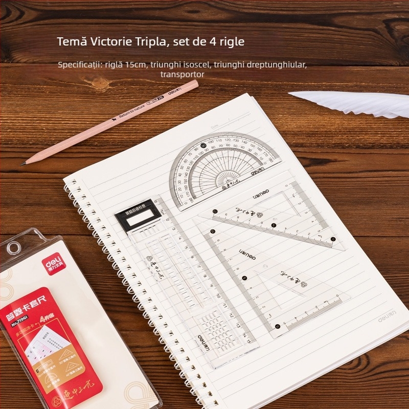 Deli 71950 Set de desenare – 4 piese: riglă, triunghi dreptunghiular, goniometru, plastic – 24 seturi în cutie, greutate netă 55 g