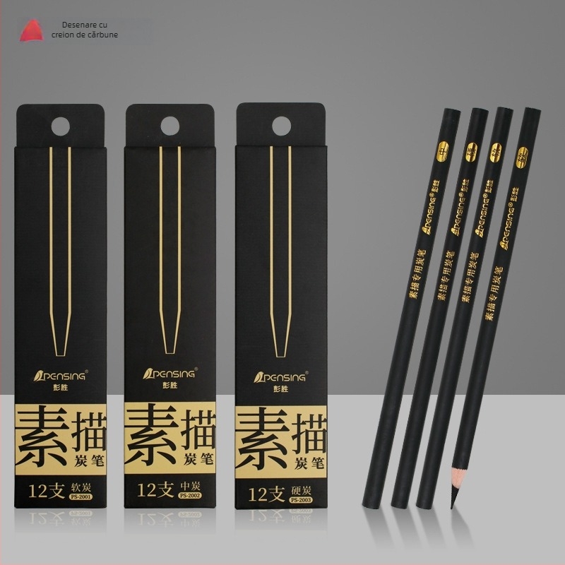 Set de creioane de cărbune – corp din lemn, ambalat într-o cutie, cu creioane moi, medii și tari