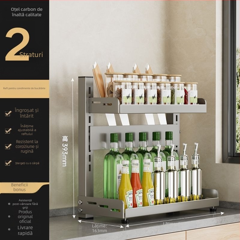 Raft pentru condimente și cuțite, reglabil pe mai multe niveluri, din oțel carbon, pentru blat de bucătărie, montaj fără găuri