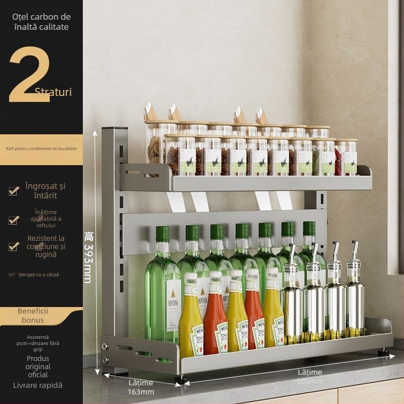 Raft pentru condimente și cuțite, reglabil pe mai multe niveluri, din oțel carbon, pentru blat de bucătărie, montaj fără găuri