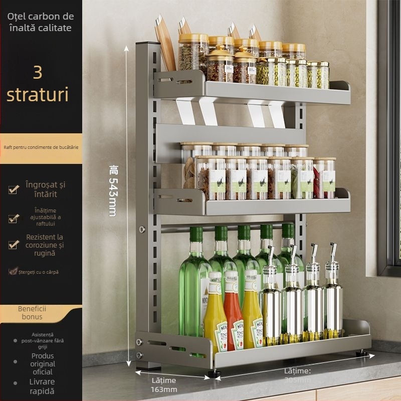 Raft pentru condimente și cuțite, reglabil pe mai multe niveluri, din oțel carbon, pentru blat de bucătărie, montaj fără găuri