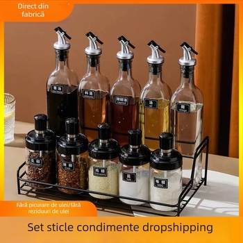 Set din sticlă pentru condimente și recipient de ulei cu lingură și capac integrate (Material: Sticlă; Tip de condimente: solide; Dozator sos de soia și oțet; Logo tipărit; Stil: Modern)