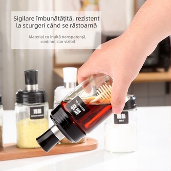 Set din sticlă pentru condimente și recipient de ulei cu lingură și capac integrate (Material: Sticlă; Tip de condimente: solide; Dozator sos de soia și oțet; Logo tipărit; Stil: Modern)