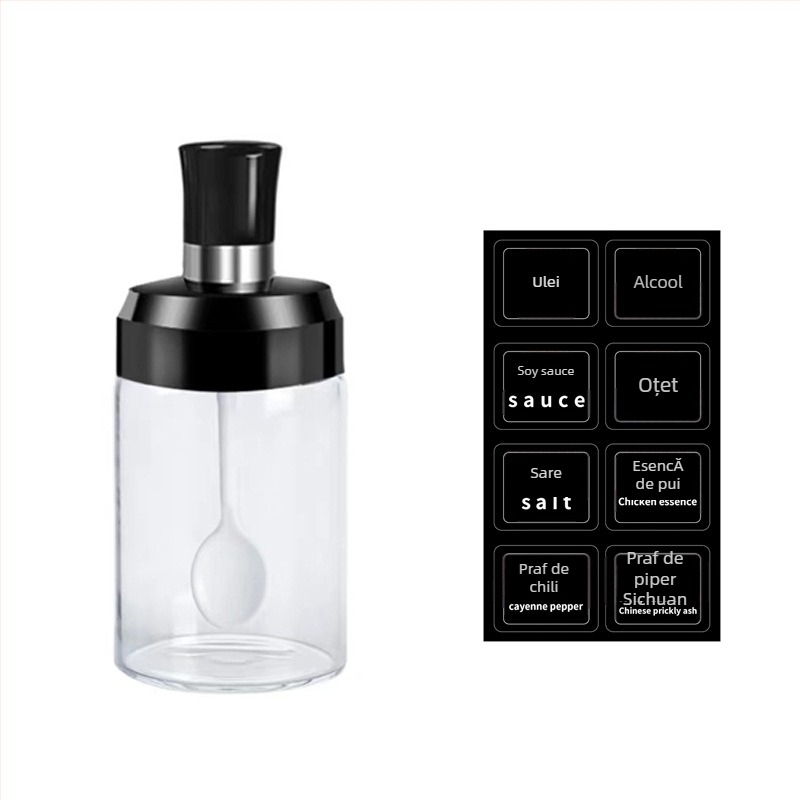 Set din sticlă pentru condimente și recipient de ulei cu lingură și capac integrate (Material: Sticlă; Tip de condimente: solide; Dozator sos de soia și oțet; Logo tipărit; Stil: Modern)