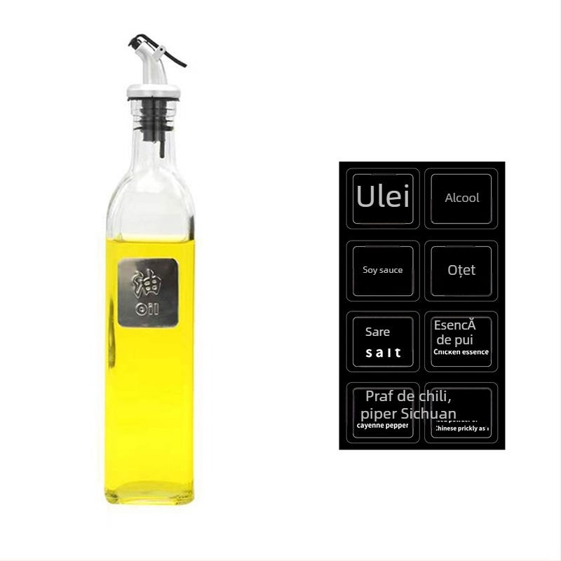 Set din sticlă pentru condimente și recipient de ulei cu lingură și capac integrate (Material: Sticlă; Tip de condimente: solide; Dozator sos de soia și oțet; Logo tipărit; Stil: Modern)