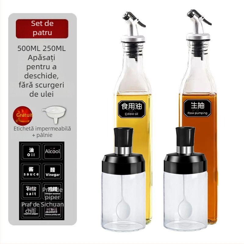 Set din sticlă pentru condimente și recipient de ulei cu lingură și capac integrate (Material: Sticlă; Tip de condimente: solide; Dozator sos de soia și oțet; Logo tipărit; Stil: Modern)