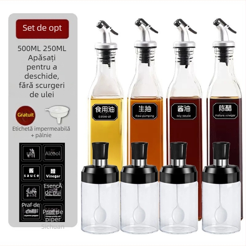Set din sticlă pentru condimente și recipient de ulei cu lingură și capac integrate (Material: Sticlă; Tip de condimente: solide; Dozator sos de soia și oțet; Logo tipărit; Stil: Modern)