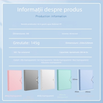 Mapă A4 cu găuri 4, pagini interioare PP, 60 coli, personalizare disponibilă