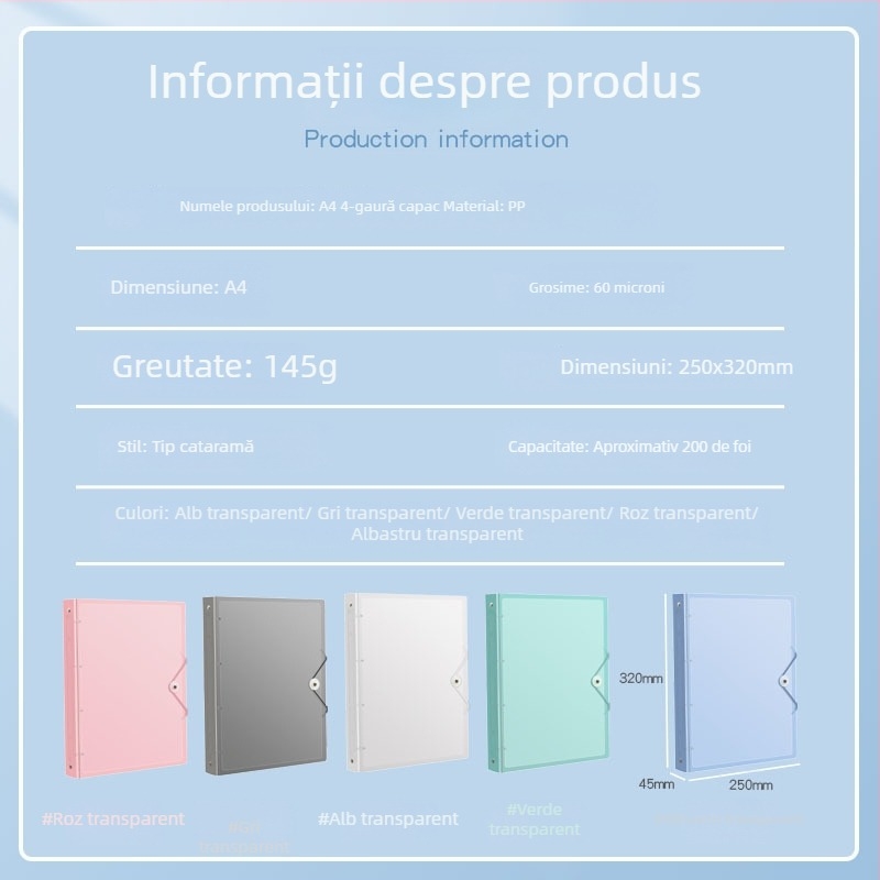 Mapă A4 cu găuri 4, pagini interioare PP, 60 coli, personalizare disponibilă