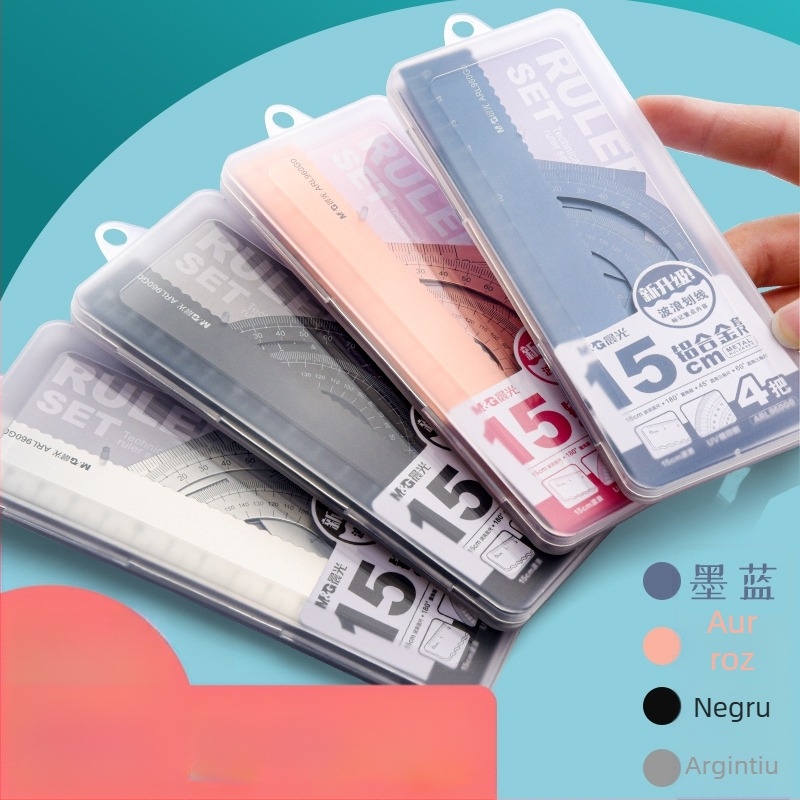 Set de rigle cu centimetri pentru elevi din învățământ primar – include riglă dreaptă, riglă triunghiulară și set plastic de desen