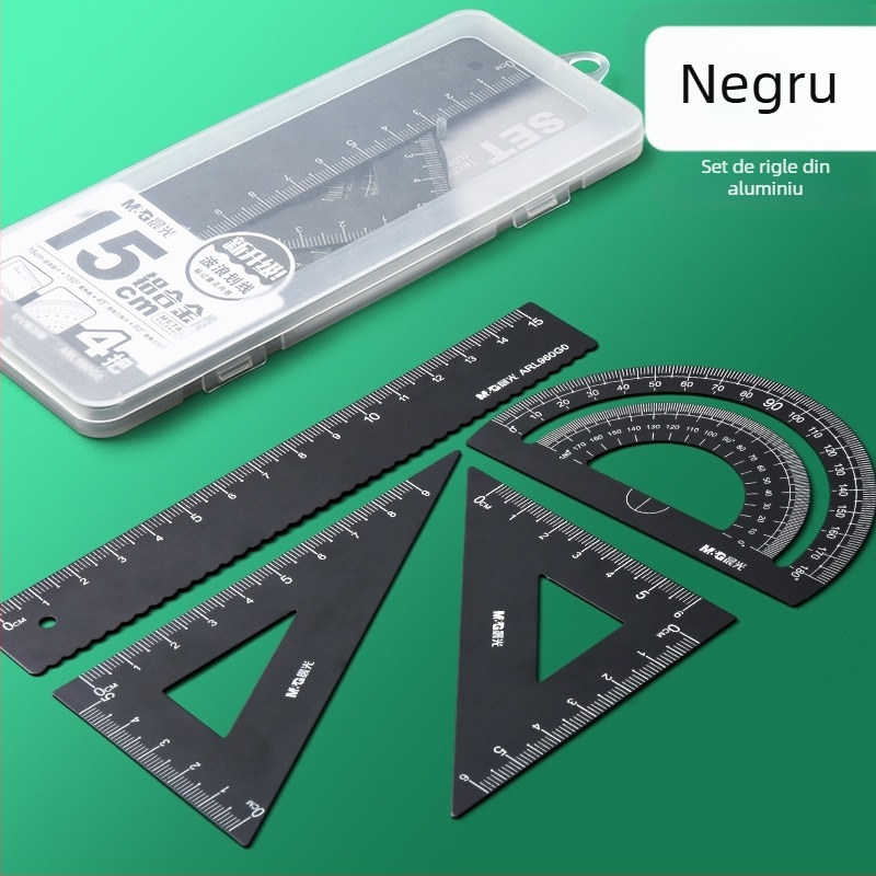 Set de rigle cu centimetri pentru elevi din învățământ primar – include riglă dreaptă, riglă triunghiulară și set plastic de desen