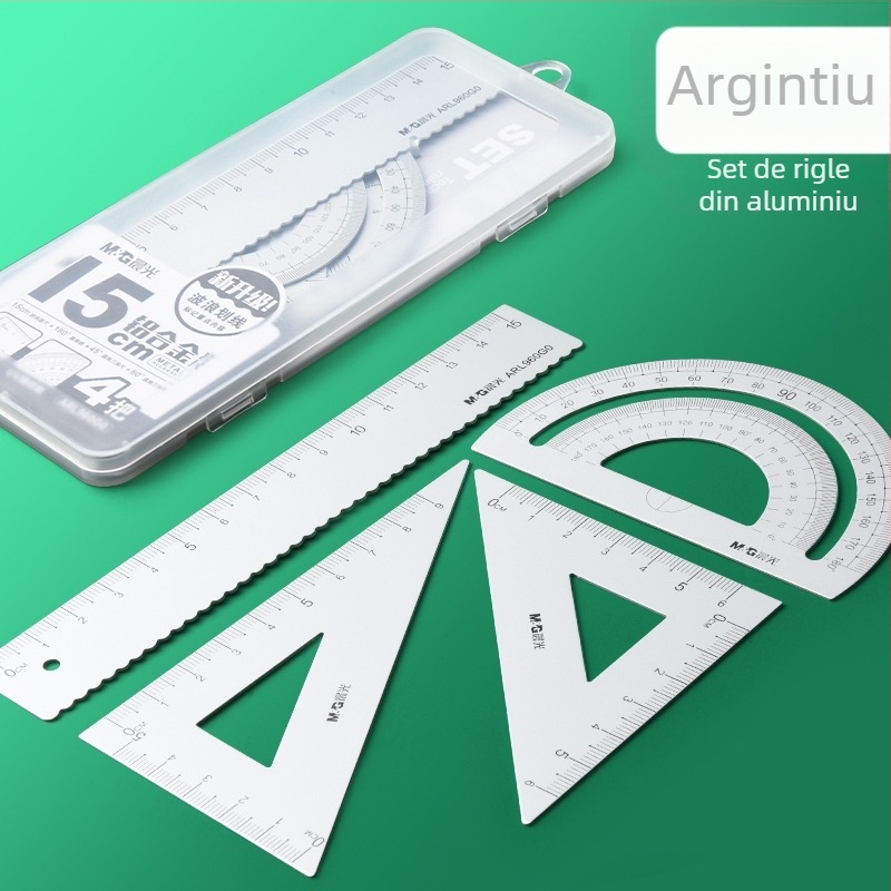 Set de rigle cu centimetri pentru elevi din învățământ primar – include riglă dreaptă, riglă triunghiulară și set plastic de desen