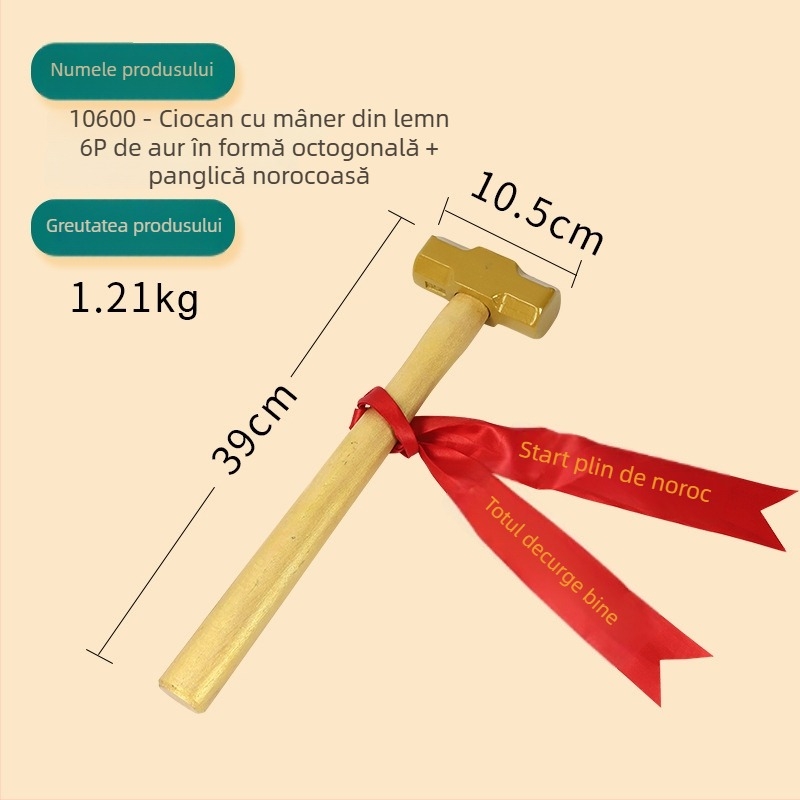 Ciocan de construcții cu cap rotund, mâner din oțel, pentru ceremonie de început norocoasă, design octagonal